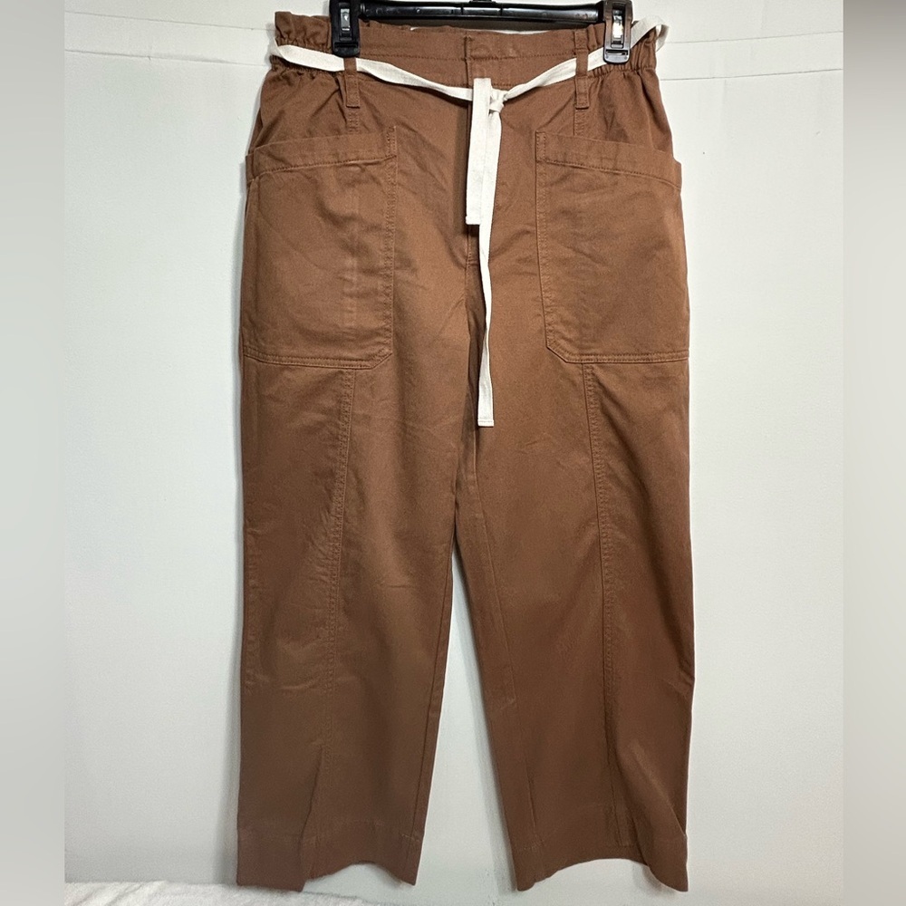 LOFT Soft Brown Straight Leg Pants with Cream Tie. Zip & Button Closure